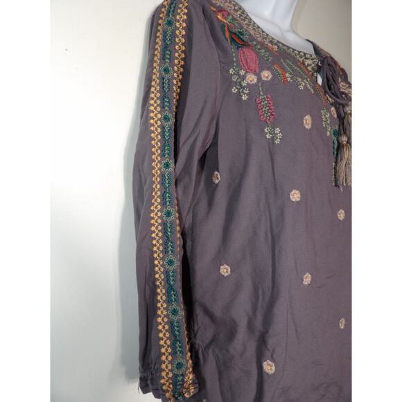 Solitaire Tunic Blouse Womens Large Gray Embroidered Boho Hippie Tassel Keyhole - Picture 4 of 13